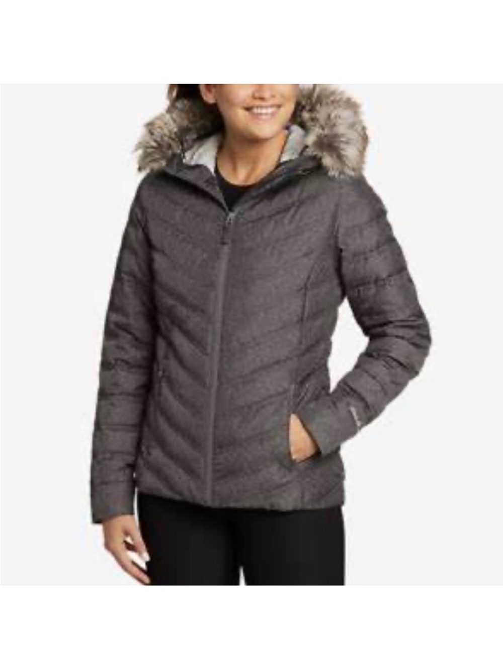 Eddie Bauer Women's Gray Quilted Puffer Jacket with Faux-Fur Hood